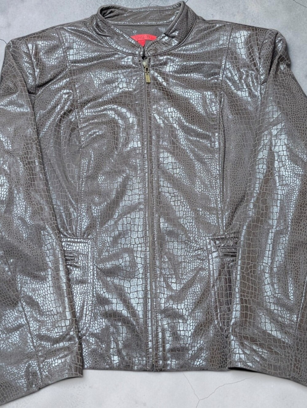 Y2K Faux Leather Snakeskin Bomber Jacket Women's Large Joni B Brown Bikercore